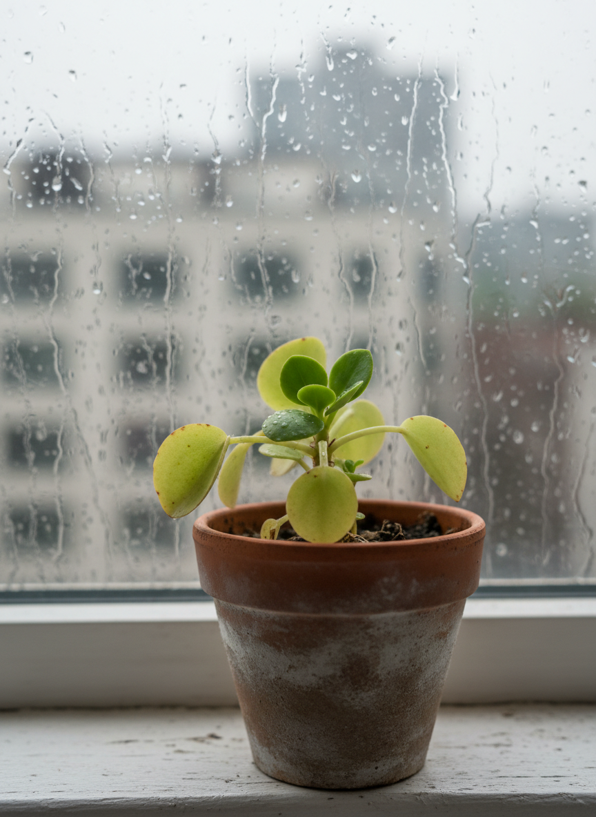 A close-up of a small, resilient houseplant with a few yellowed leaves alongside fresh new growth, potted in a simple clay pot on a windowsill. Raindrops trail down the glass behind it, blurring the outlines of a gray cityscape outside. Soft, cool daylight seeps through the rainy window, creating delicate highlights on the leaves and subtle reflections on the wet glass. The camera focuses tightly on the plant, with a shallow depth of field dissolving the background into gentle bokeh. Photographic realism with a clean, minimal aesthetic conveys quiet hope and recovery after stress and neglect, symbolizing the slow, uneven process of tending to one’s mental health.