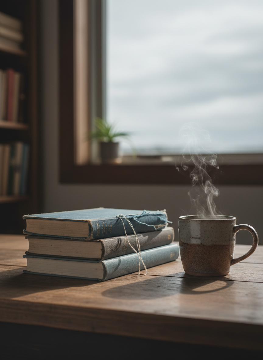 A neatly stacked pile of worn hardcover journals, each with slightly frayed cloth covers in muted blues and grays, rests on a simple wooden desk. A ceramic mug of herbal tea sits nearby, wisps of steam rising toward a large window. Outside, an overcast sky casts soft, diffused natural light across the scene, creating gentle shadows and subtle reflections on the desk’s surface. The background fades into a softly blurred bookshelf and a small plant, emphasizing quiet reflection. Photographic realism, shot at eye level with a shallow depth of field, capturing a calm, contemplative mood that suggests private struggles, slow healing, and the courage to honestly document difficult emotions.