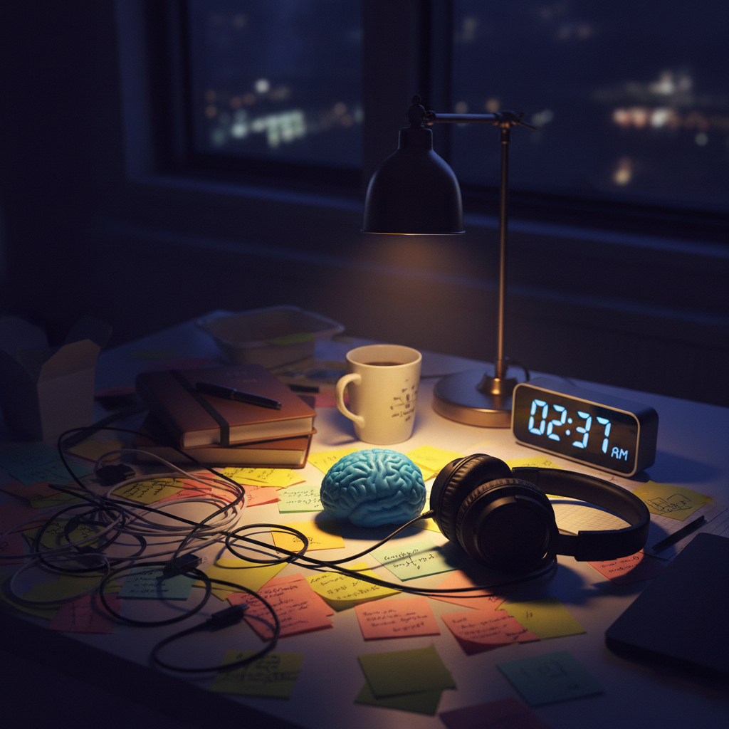A cluttered work desk with scattered sticky notes, a closed planner, tangled charging cables, and a digital clock displaying a late-night hour in soft blue digits. A single small desk lamp casts a warm, focused pool of light on a stress ball and a pair of noise-canceling headphones, leaving the rest of the room in gentle shadow. The contrast between warm artificial light and the cool darkness beyond a barely visible window suggests isolation and burnout. Shot from a high, three-quarter angle in photographic realism, with sharp focus on the center objects and a slightly softer background, the composition feels tight and enclosed, embodying the pressure of deadlines, anxiety, and the need to set boundaries.