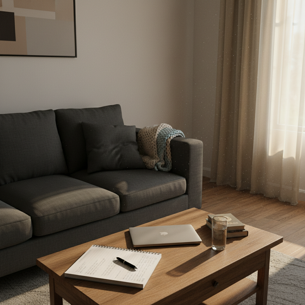 A slightly rumpled dark-gray couch in a modest living room, with a single folded knitted blanket and a small cushion indented as if someone just left. On the low wooden coffee table sits an open notebook with a pen placed diagonally, beside a closed laptop and a half-finished glass of water. Late afternoon natural light filters through thin curtains, casting soft, slanting shadows and illuminating dust motes in the air. The composition uses rule of thirds from a slightly elevated angle, emphasizing empty space and quiet tension. Photographic realism with muted colors creates a mood of loneliness mixed with tentative intention, capturing the moment between being overwhelmed and deciding to reach out for help.